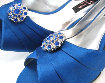 Shoe Clips Sapphire Blue Rhinestone Round Wedding Shoe Jewelry Brooch 1 pair