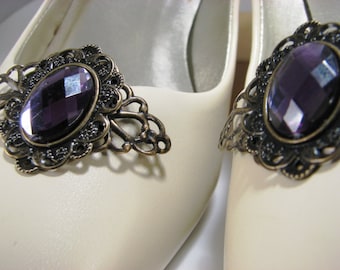 Purple Filigree SHOE CLIPS  Amethyst Bronze Filigree 1 Pair Shoe Jewelry