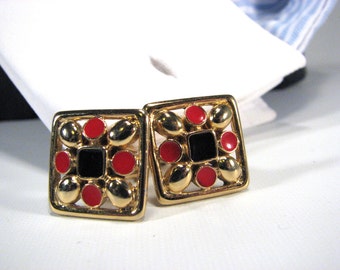 SALE! Square Cuff Links Black Red Gold Detail One of a Kind for Men or Women Cufflinks