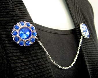 Sweater Clip 11 Brilliant Sapphire Blue Rhinestone Silver Chain Royal Blue Cardigan Guard Accessories Vintage Inspired Jewelry Collar Clip