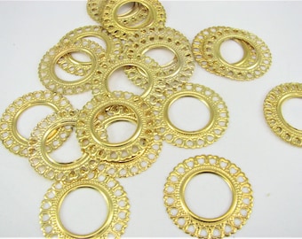 Jewelry Makers Destash!  24 pcs Gold plated Round Setting heart lace for Cabochons Gold Fancy Stamping Focal