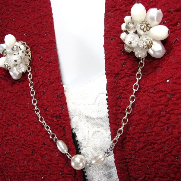 Sweater Clip White Bead Pearl Crystal Cluster Silver and Pearl Beaded Chain Jacket Clasp