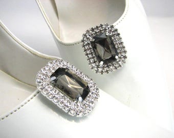 Smoky Gray Shoe Clips White Rhinestones 1 Pair Prom Wedding Jewels for Shoes Accessories