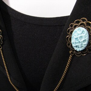 CLEARANCE Blue Sweater Clip Cameo and Filigree Setting Cardigan Clip Jewelry