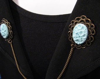 CLEARANCE Blue Sweater Clip Cameo and Filigree Setting Cardigan Clip Jewelry
