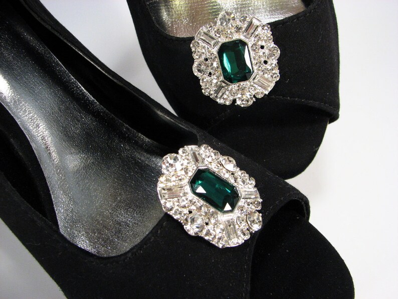 Brilliant Emerald Green Shoe Clips with White Rhinestones 1 Etsy