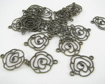 Jewelry Makers Destash! Antique Bronze Findings Rose with Connector Holes Flower Stamping for jewelry accessory making