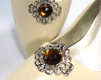 SALE Amber Shoe Clips Faceted Jewel Silver Tone Filigree 1 Pair Jewelry for your Shoes