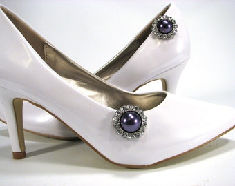 Shoe Clips Eggplant 'Pearl' Purple Abergine with White Rhinestones  1 Pair Wedding Jewelry for your Shoes Accessories