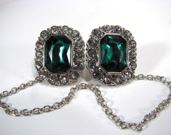 Sweater Clip Emerald Green Jewel White Rhinestones Silver Chain