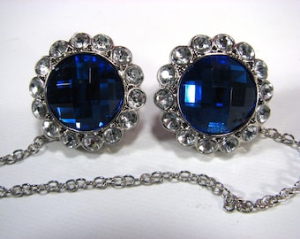 Blue Sweater Clip Round Sapphire Blue Sweater Guard Faceted Jewel White Rhinestones Silver Chain Collar Clip Cardigan Clip Jacket Clasp