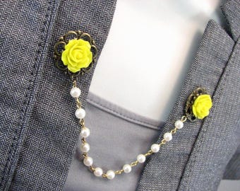 Sweater Clip Bright Yellow Collar Clip Beaded Chain Cardigan Clasp Vintage Inspired