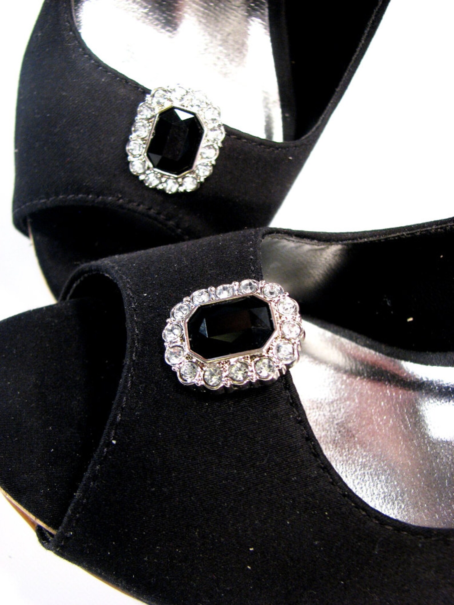 Black Shoe Clips White Rhinestones Octagon Shape 1 Pair Jewels for Your