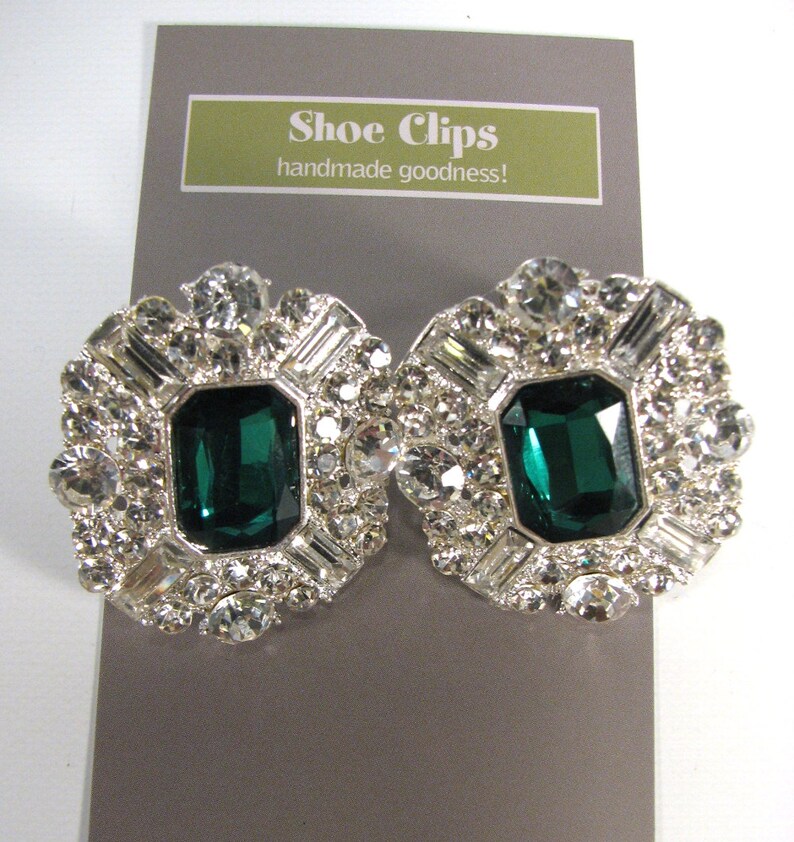 Brilliant Emerald Green Shoe Clips With White Rhinestones 1 Etsy