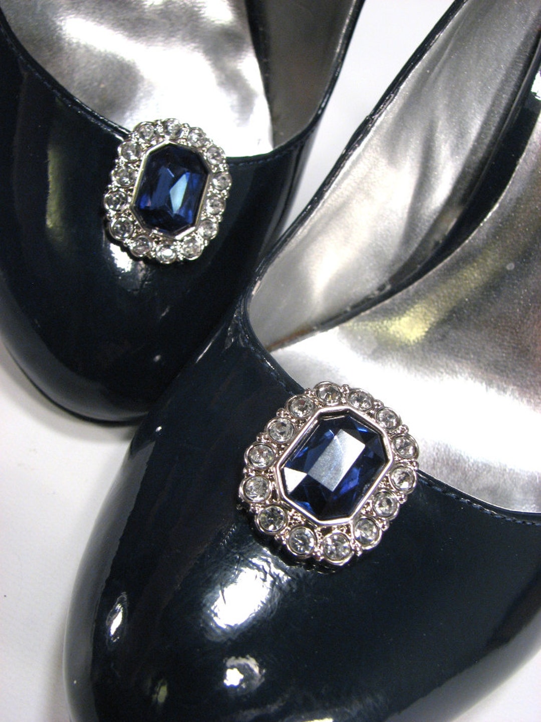 Blue Shoe Clips With White Rhinestones Midnight Blue Dark Navy Etsy