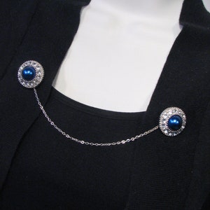 Sweater Clip Navy Blue Midnight Blue White Rhinestone Silver Chain Accessories Vintage Inspired Collar Clip Cardigan Guard Jacket Clasp