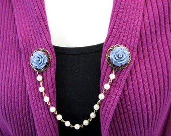 Sweater Clip Dusty Blue Collar Clip Beaded Chain Cardigan Clasp Bronze Filigree Vintage Inspired