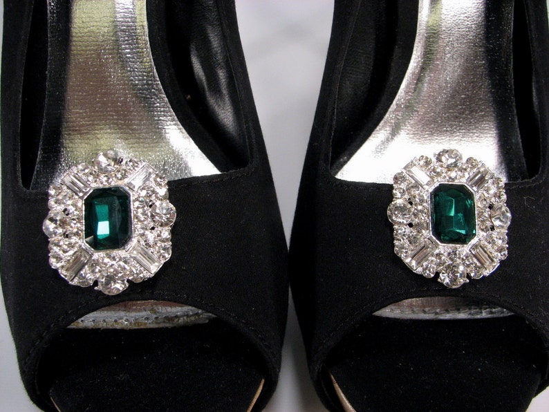 Brilliant Emerald Green Shoe Clips With White Rhinestones 1 Etsy