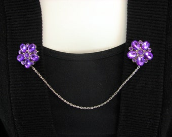 Purple Sweater Clip Rhinestone Flower Silver Chain Accessories Vintage Inspired Collar Clip Cardigan Guard Jacket Clasp