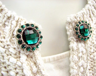 Green Sweater Clip Round Faceted Jewel Emerald Green Collar Clip Red Rhinestones Silver Linked Chain Cardigan Clip Jacket Clasp