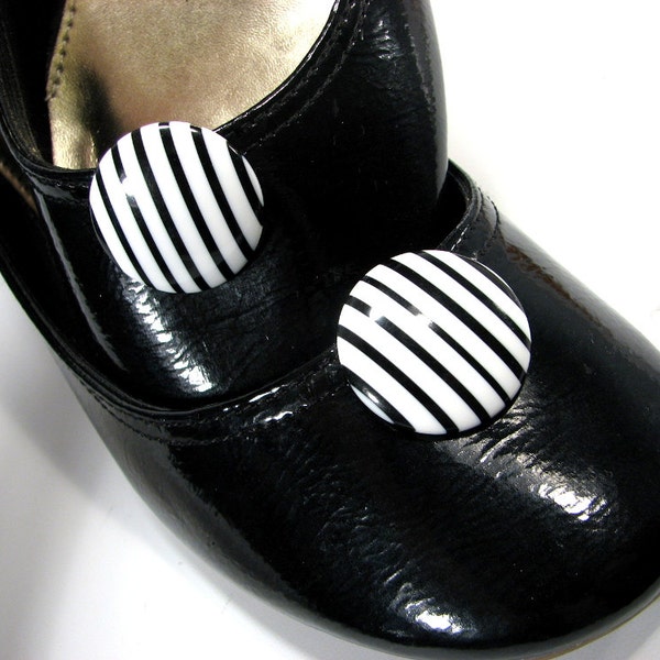 Upcycled Shoe Clips Black and White Stripe Big Round Jewelry for your Shoes 1 Pair