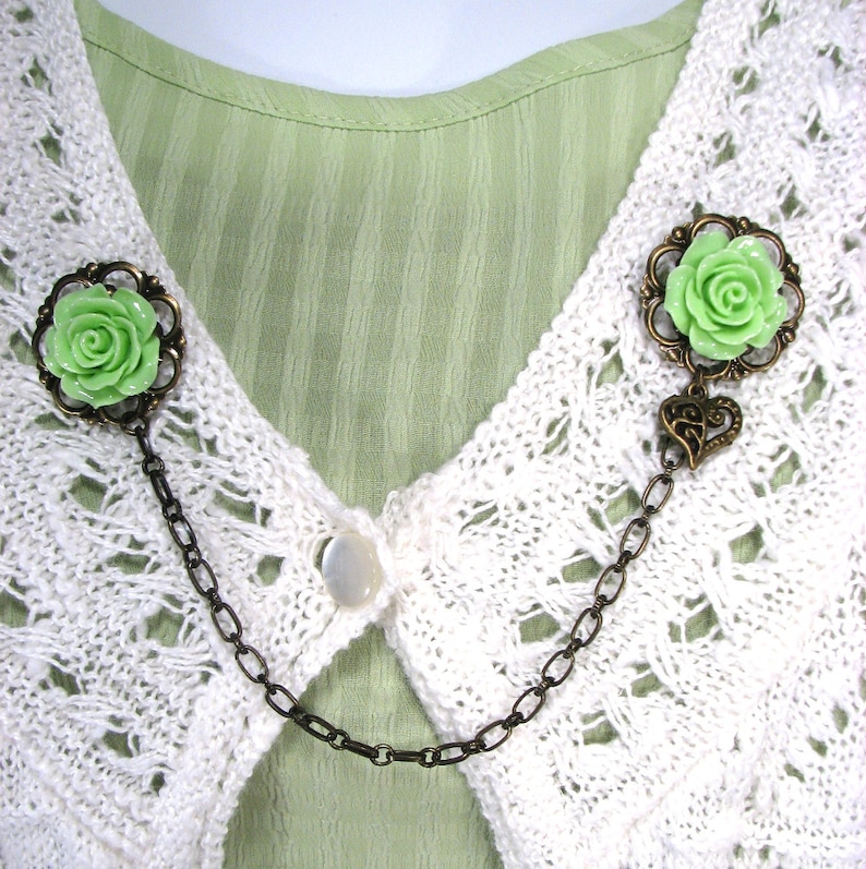 Sweater Clip Lime Green Rose Filigree Heart Charm for your Bolero Shrug Collar Clip Cardigan Guard 12 Color Choices