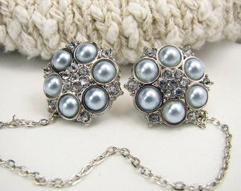 Sweater Clip Baby Blue Acrylic 'Pearls' and Clear Rhinestones Round Pastel Blue Prom Cardigan clasp Collar Clip