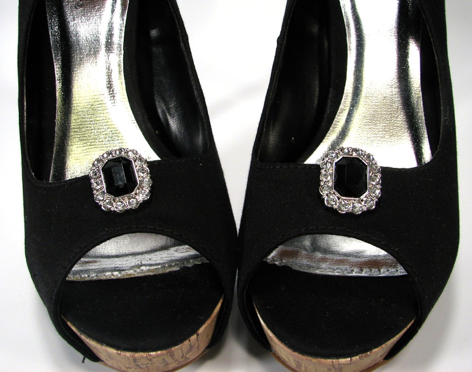 Black Shoe Clips White Rhinestones Octagon Shape 1 Pair Jewels for Your