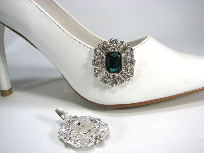 Brilliant Emerald Green Shoe Clips With White Rhinestones 1 Etsy