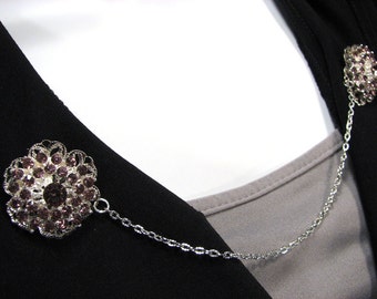 SALE Sweater Clips Lavender Mauve Rhinestones Cluster Silver Filigree Wedding Purple Jewelry Collar Clasp Cardigans