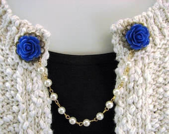 Sweater Clip Blue Rose Collar Clip Beaded Chain Cardigan Clasp Bronze Filigree Many Color Choices