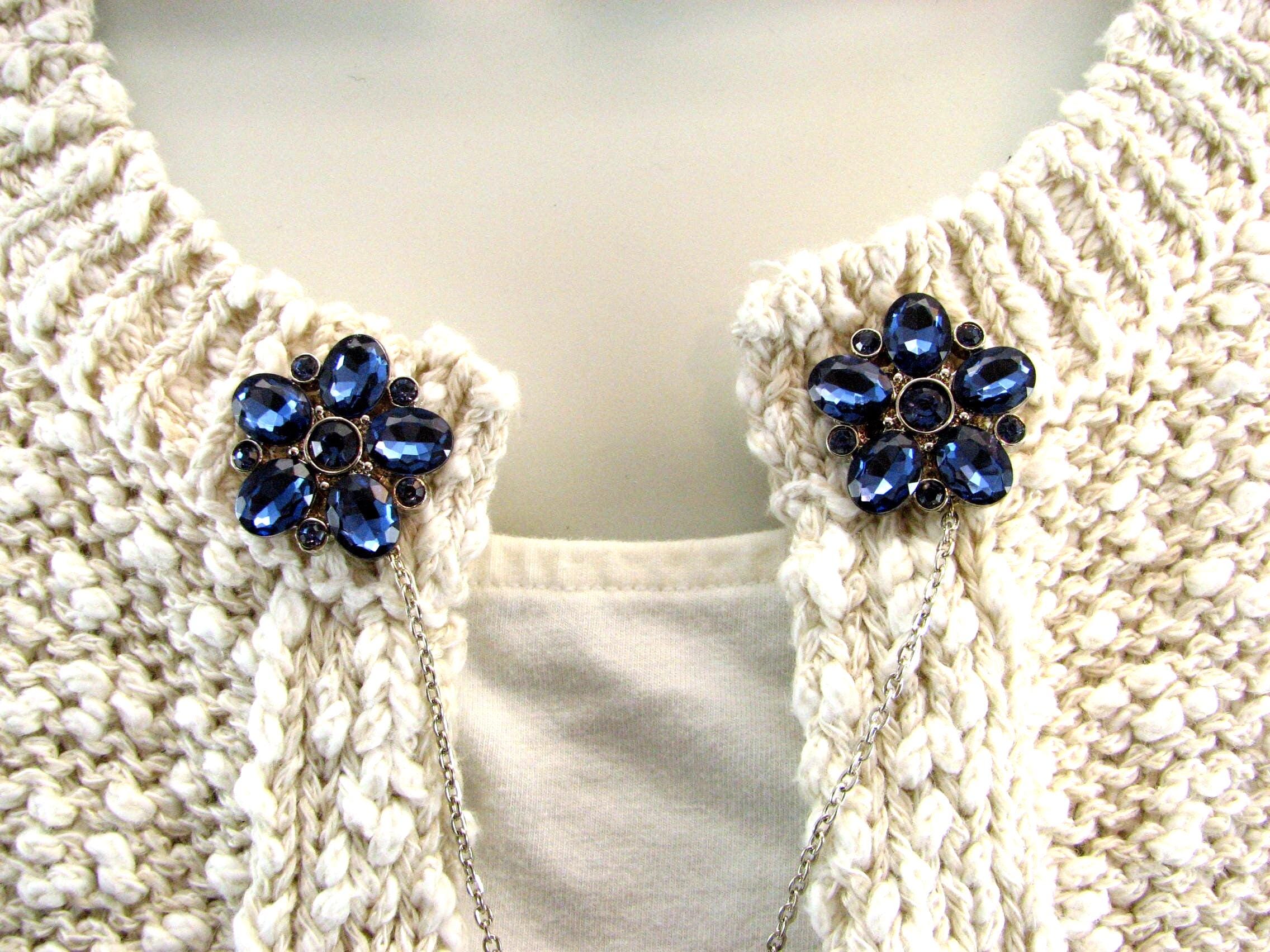 Blue Sweater Clip Navy Rhinestone Flower Silver Chain Accessories…