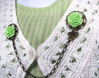 SALE Sweater Clip Lime Green Rose Filigree Heart Charm for your Bolero Shrug Collar Clip Cardigan Guard 12 Color Choices