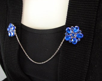 Sapphire Blue Sweater Clip Royal Blue Rhinestone Flower Cardigan Guard w/ Silver Chain Accessories Vintage Inspired Collar Clip Jacket Clasp