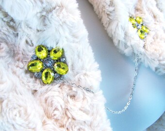 Yellow Sweater Clip Rhinestone Flower Silver Chain Accessories Vintage Inspired Collar Clip Cardigan Guard Jacket Clasp
