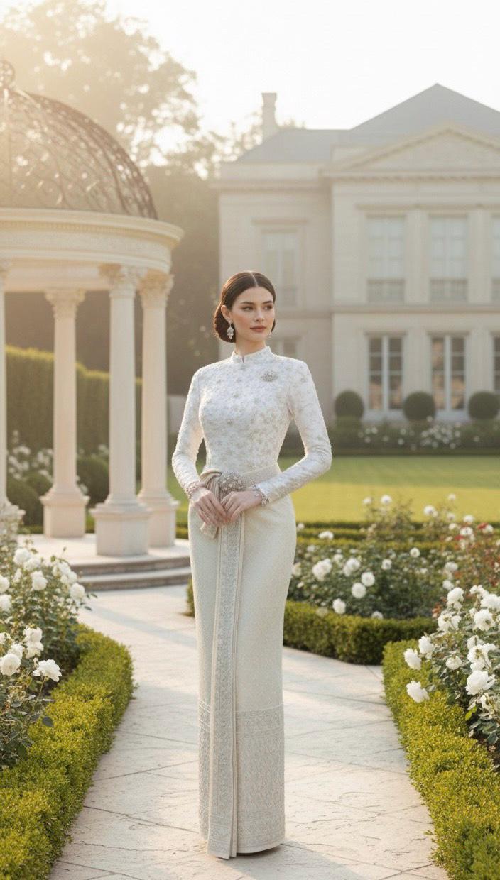 Luxury Thai Boromphiman Bridal Dress - Royal Hand-Embroidered Silk, Long-Sleeve Court Style, Made-to-Measure Luxury Thai Boromphiman Bridal Dress - Royal Hand-Embroidered Silk, Long-Sleeve Court Style, Made-to-Measure