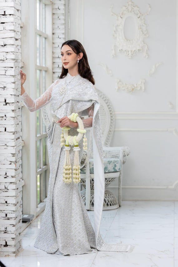 modern thai wedding dress Luxury Thai Sivalia Dress - Elegant Soft Silver Traditional Wedding Gown with Modern Thai Silhouette