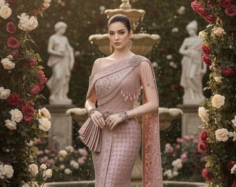 May include: A dusty rose floor-length gown featuring intricate embroidery, a one-shoulder neckline, and a draped bodice with fringe detailing. The garment has a fitted silhouette that flares slightly at the hem, crafted from textured fabric.