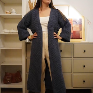 Elegant women&#39;s long knitted cardigan textured pattern. Gray classic cozy oversized sweater coat. Vintage handmade cardigan. Gift for mom