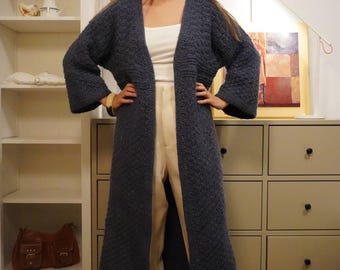Handmade Gray Knitted Long Cardigan, Oversized Textured Sweater Coat