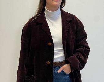 Womens 90s Retro Velvet Brown Blazer Vintage 80s Velour Jacket With Front Button Pockets, Vintage women&#39;s jacket, Feminine retro jacket