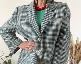 Groene geruite blazer uit de jaren 90 van een viscosemix met een lange, oversized pasvorm en opvallende knopen.