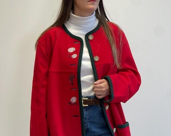 Vintage Österreichische Wolljacke, Rote Bayerische Dirndl Strickjacke