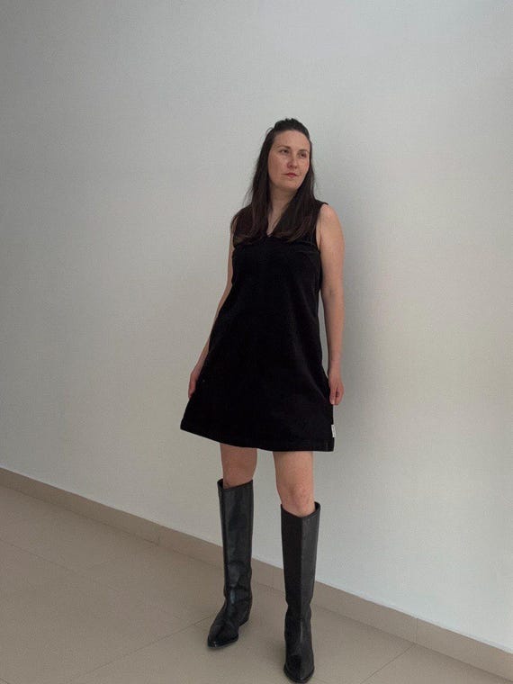 Black Corduroy A-line Pinafore Dress by Marc O'polo Denim, Minimalist Sleeveless Jumper Dress XXS