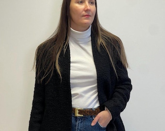 Vintage 90s Black Wool Boucle Cardigan, Long Sweater Coat