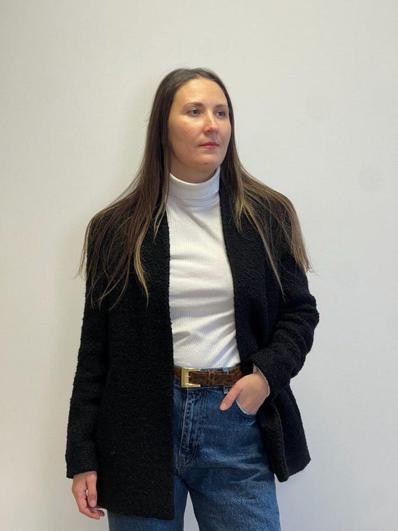 Vintage 90s Black Wool Boucle Cardigan, Long Sweater Coat