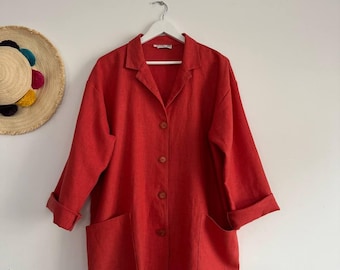 Blazer vintage de lino color terracota con solapa de muesca