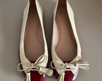 Bally Switzerland Leather Ballet Flats, Cream Red Patent Tassel, Made in Italy EU 36
