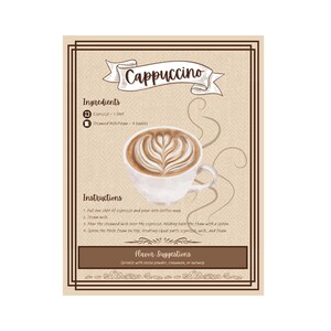 May include: A vintage-style recipe card for making a cappuccino. The card features a hand-drawn illustration of a cappuccino in a white mug with a brown handle. The recipe card includes the ingredients, instructions, and flavor suggestions for making a cappuccino.
