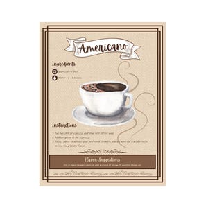 Puede incluir: Una ilustración de estilo vintage de una taza de café Americano con los ingredientes e instrucciones para prepararlo. El texto dice "Americano", "Ingredientes", "Espresso - 1 shot", "Agua - 4 onzas", "Instrucciones", "1. Extrae un shot de espresso y viértelo en una taza de café", "2. Agrega agua caliente al espresso", "3. Ajusta el agua para lograr la intensidad deseada, agregando más para un sabor más suave o menos para un sabor más intenso", "Sugerencias de sabor", "Incorpora un poco de salsa de caramelo o agrega un toque de crema para endulzar las cosas."